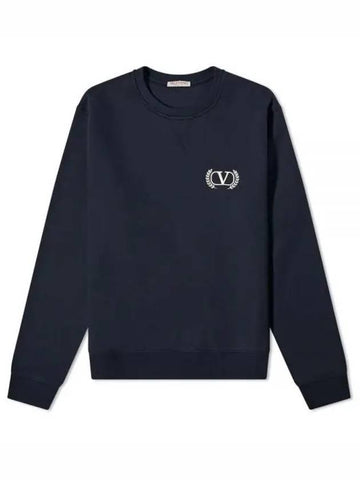 V Laurel Embroidered Logo Crew Neck Sweatshirt Navy Men s 236692 - VALENTINO - BALAAN 1