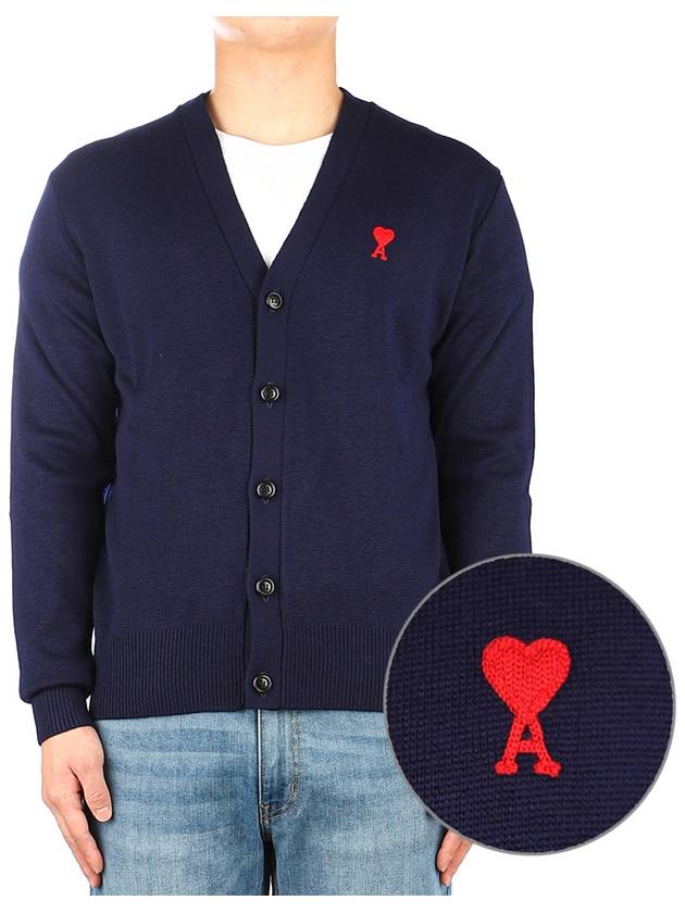 Small Heart Logo Wool Cardigan Navy - AMI - BALAAN 2