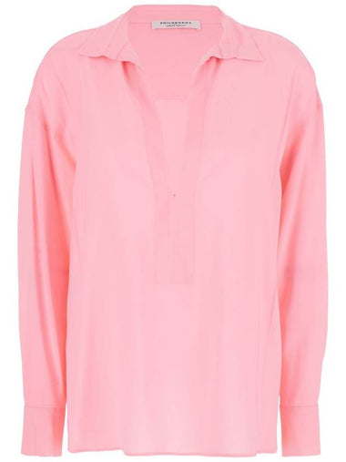 Pink Shirt With Open Collar And V Neck In Stretch Viscose Woman - PHILOSOPHY DI LORENZO SERAFINI - BALAAN 1