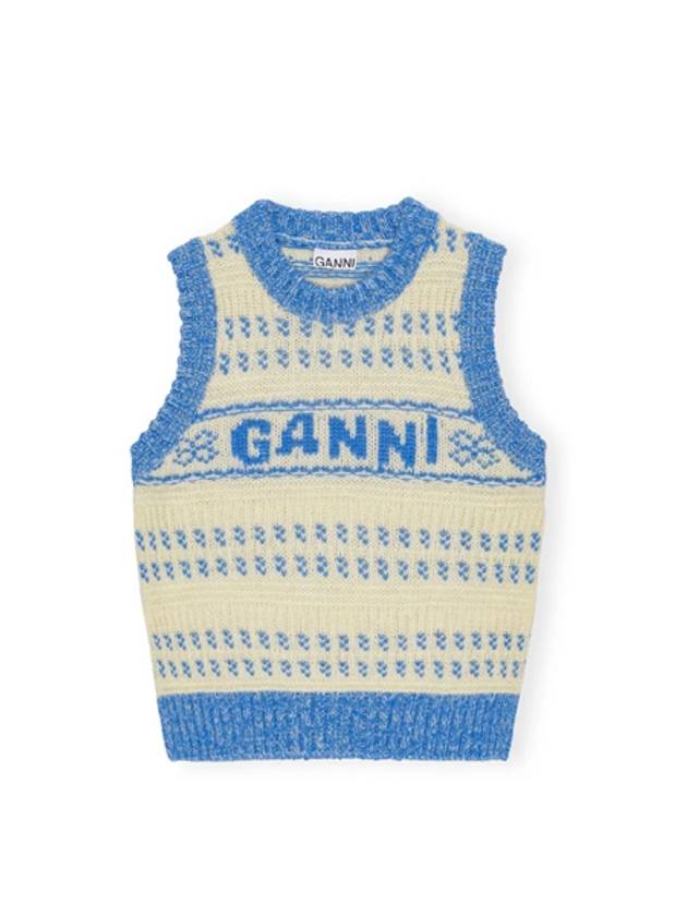 Graphic O-Neck Wool Gilet Vest Blue - GANNI - BALAAN 2