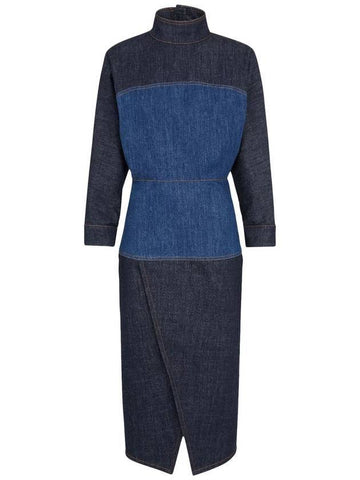 Two Tone Denim Midi Dress Blue - FENDI - BALAAN 1