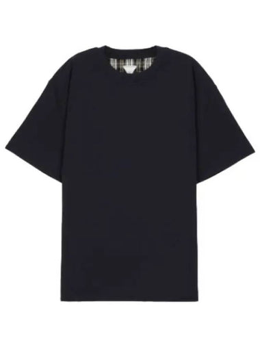 Double layer checked cotton short sleeve t shirt navy fondant dove - BOTTEGA VENETA - BALAAN 1