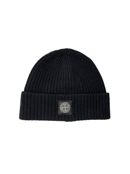 Logo Patch Rib Wool Beanie Black - STONE ISLAND - BALAAN.