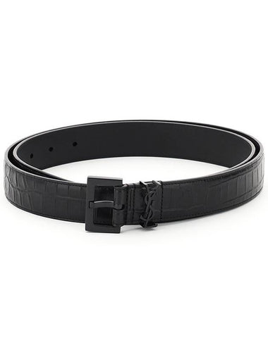 Men's Monogram Crocodile Leather Belt Black - SAINT LAURENT - BALAAN 1