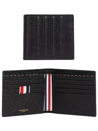 Pebble Grain Leather Debossed 4 Bar Billfold Half Wallet Black - THOM BROWNE - BALAAN 2