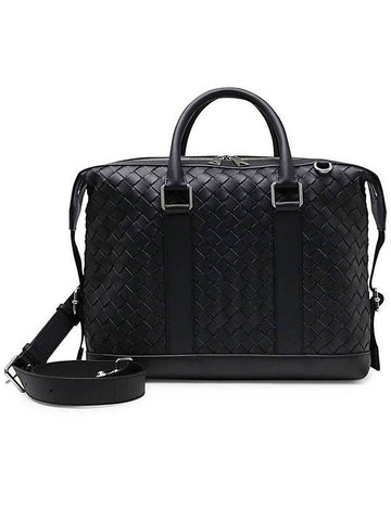 Classic Intrecciato Leather Silver Zipper Brief Case Black - BOTTEGA VENETA - 1