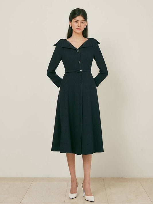Women's Victoria Tweed Flared Midi Dress Navy - AME - BALAAN 1