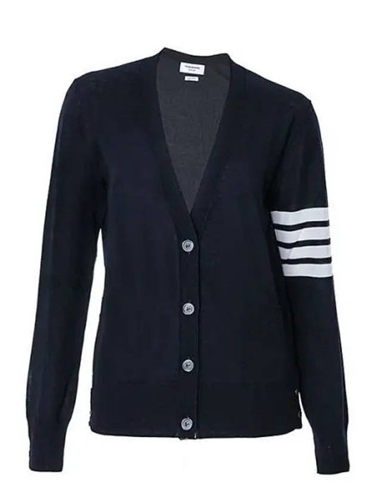 Sustainable Fine Merino Wool 4-Bar Relaxed Fit V-Neck Cardigan Navy - THOM BROWNE - BALAAN 2