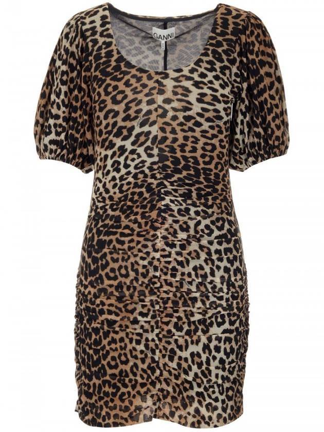 Ruched Leopard Mesh Short Sleeve Short Dress Brown - GANNI - BALAAN.