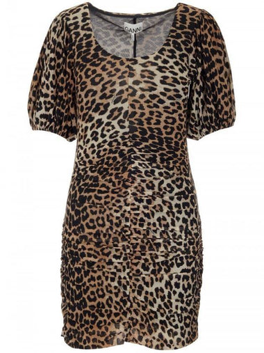 Ruched Leopard Mesh Short Sleeve Short Dress Brown - GANNI - BALAAN 1