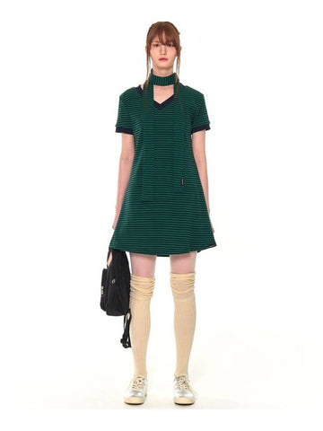 V-Neck Stripe Short Dress Ops Green - ZIZEMUSEUM - BALAAN 1