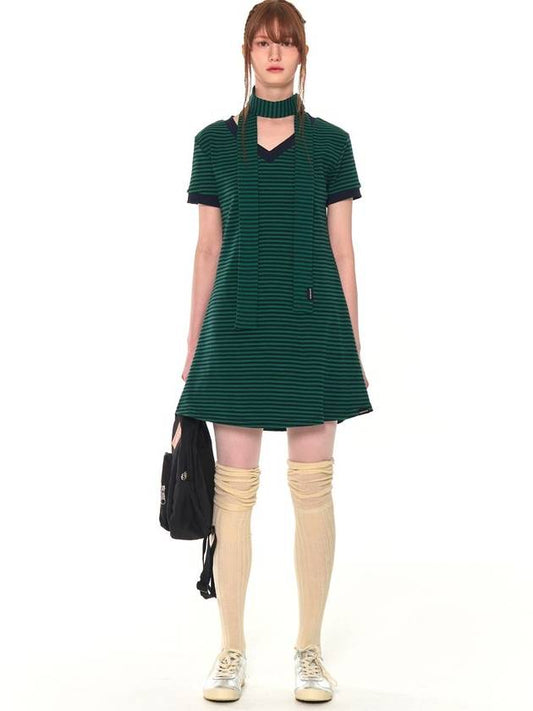 V-Neck Stripe Short Dress Ops Green - ZIZEMUSEUM - BALAAN 2