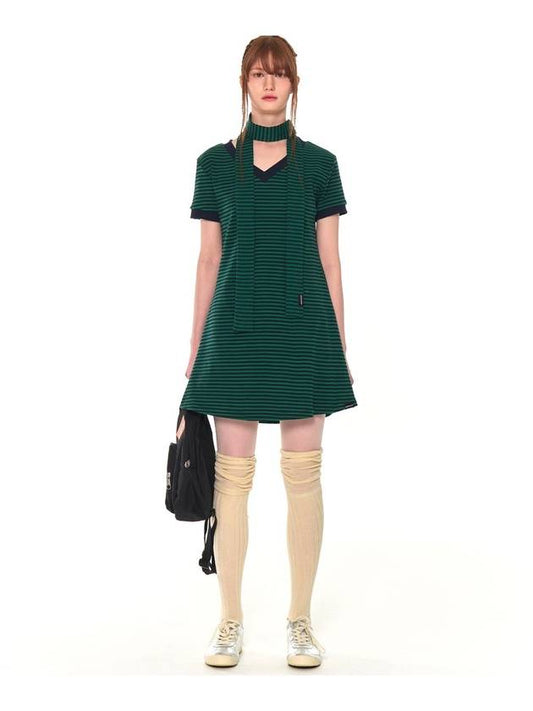 V-Neck Stripe Short Dress Ops Green - ZIZEMUSEUM - BALAAN 1