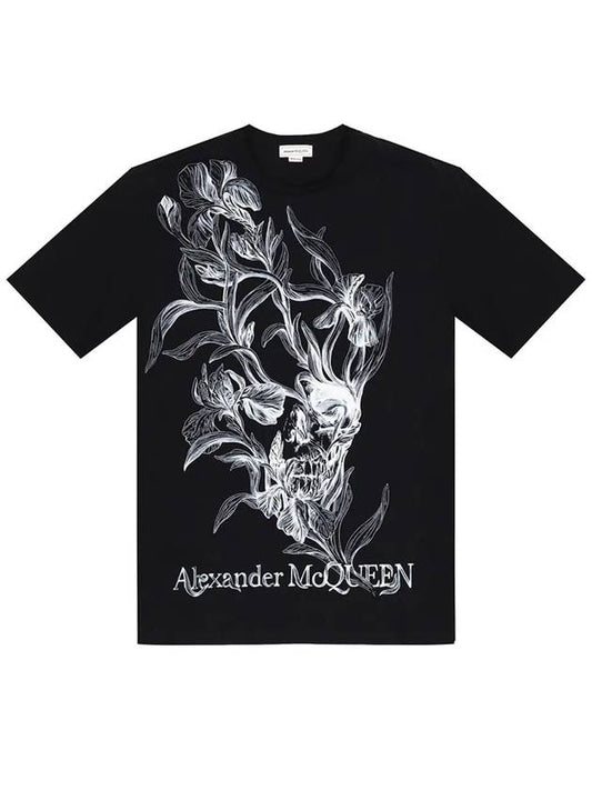 Women's White Floral Logo Cotton Short Sleeve T-Shirt Black - ALEXANDER MCQUEEN - BALAAN.