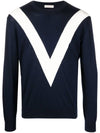 V Crewneck Wool Knit Top Navy - VALENTINO - BALAAN 1