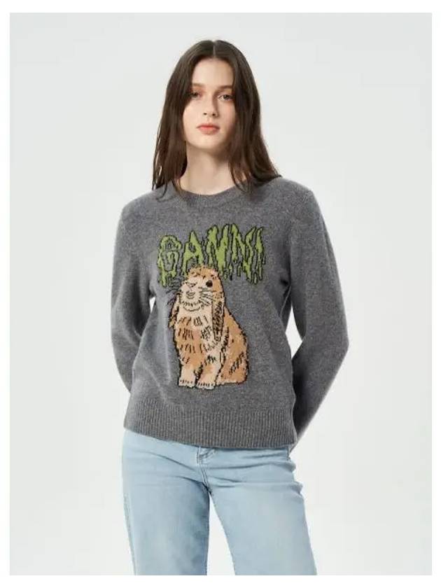 Graphic Wool Mix Bunny Crew Neck Frost Gray Domestic Product GM0024073158290 - GANNI - BALAAN 1