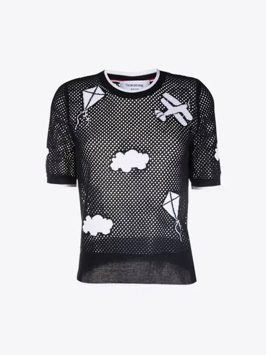 Sky Icon Mesh Cotton Half Drop Intarsia Rib Cuff Crewneck Short Sleeve T-Shirt Navy - THOM BROWNE - BALAAN 2