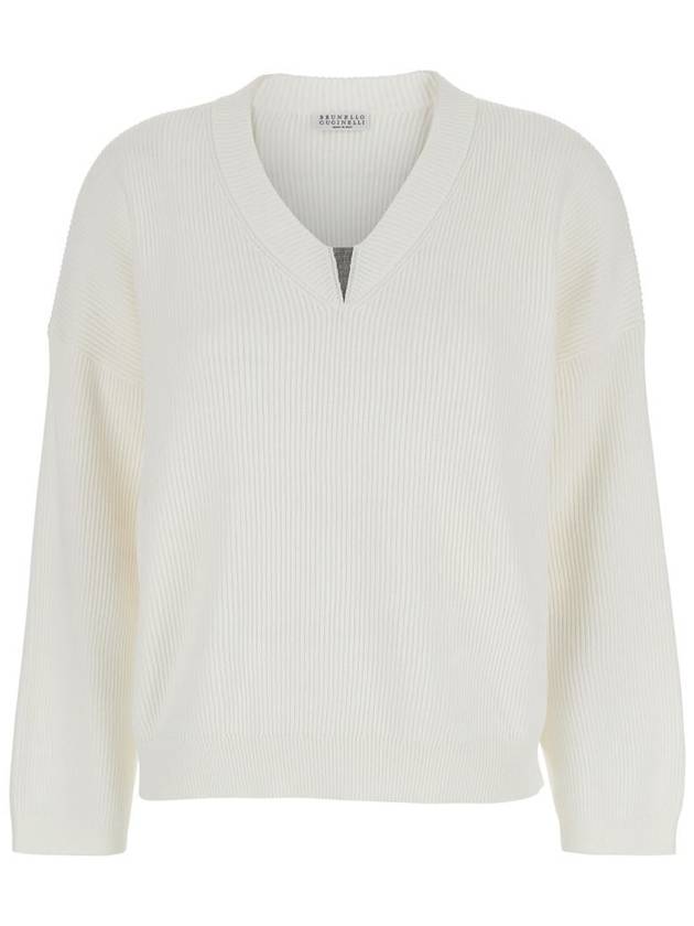 White Sweater With V Neck And Monile Detail On The Front In Cotton Woman - BRUNELLO CUCINELLI - BALAAN 1