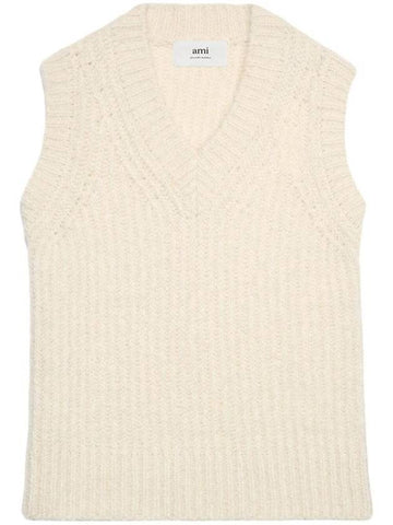 V-Neck Ribbed Knit Vest Beige - AMI - BALAAN 1