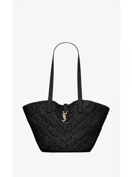 Panier Small Raffia Vegetable-Tanned Leather Tote Bag Black - SAINT LAURENT - BALAAN 2