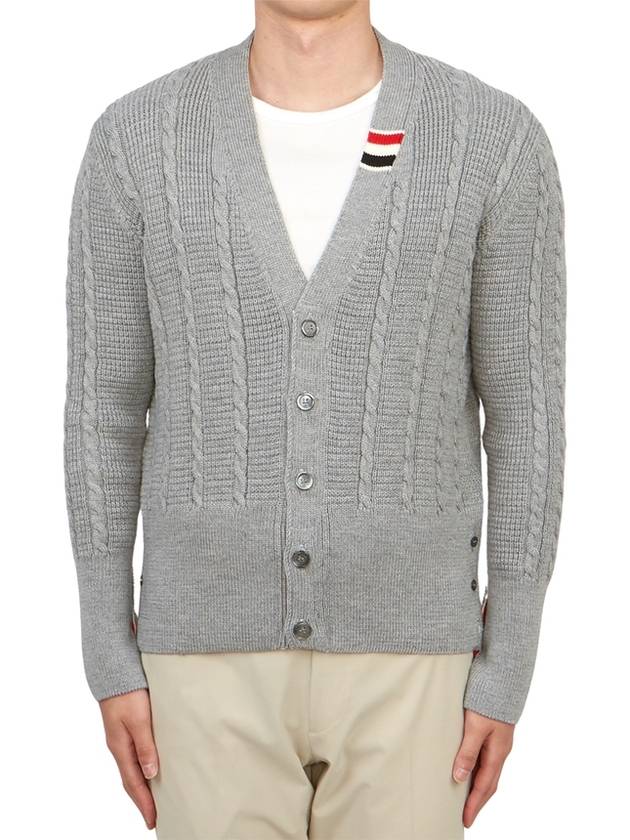 Cable Knitwear Virgin Wool Cardigan Grey - THOM BROWNE - BALAAN 3