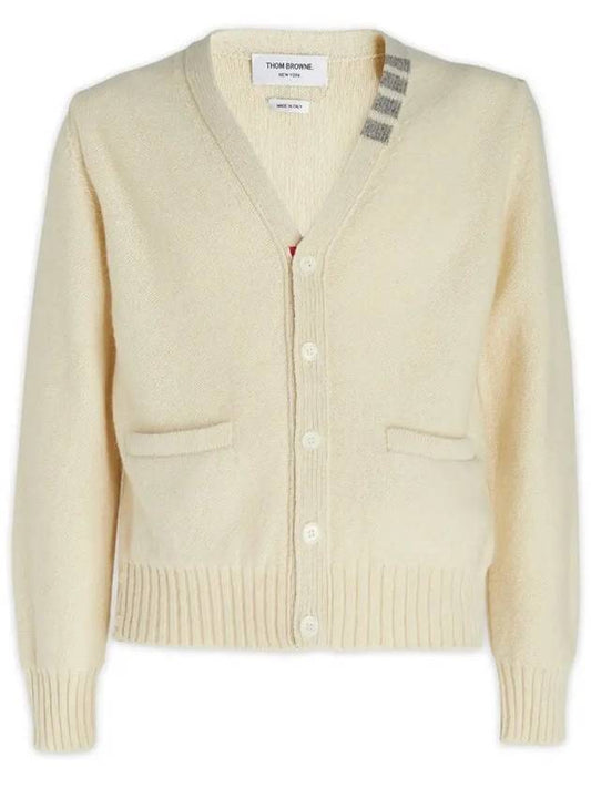 Reverse Jersey Stitch Donegal 4 Bar V Neck Cardigan White - THOM BROWNE - BALAAN 2