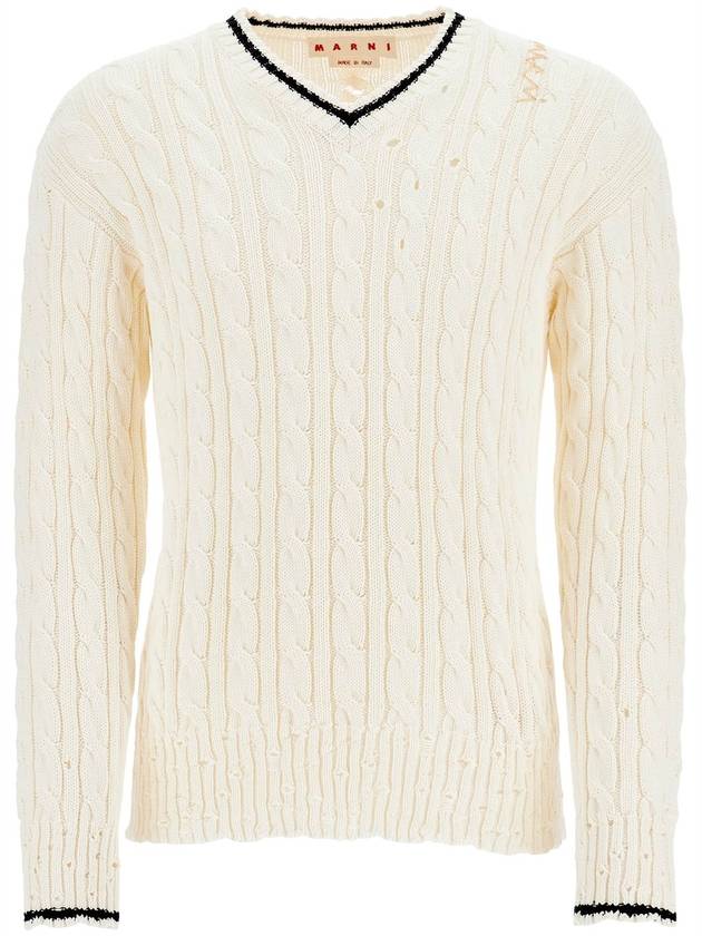 white cotton sweater with cable knit v-neck - MARNI - BALAAN 1