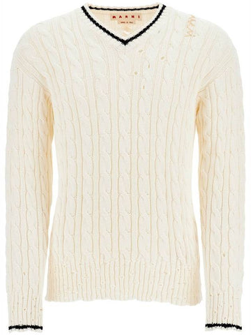 white cotton sweater with cable knit v-neck - MARNI - BALAAN 1