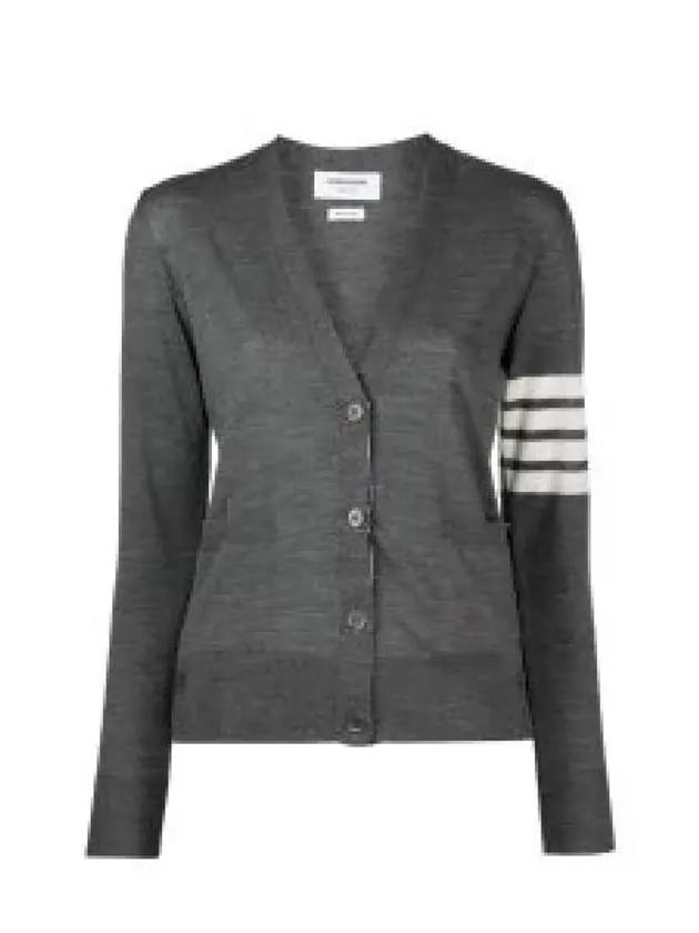 Sustainable Fine Merino Wool 4-Bar Relaxed Fit V-Neck Cardigan Medium Grey - THOM BROWNE - BALAAN 2