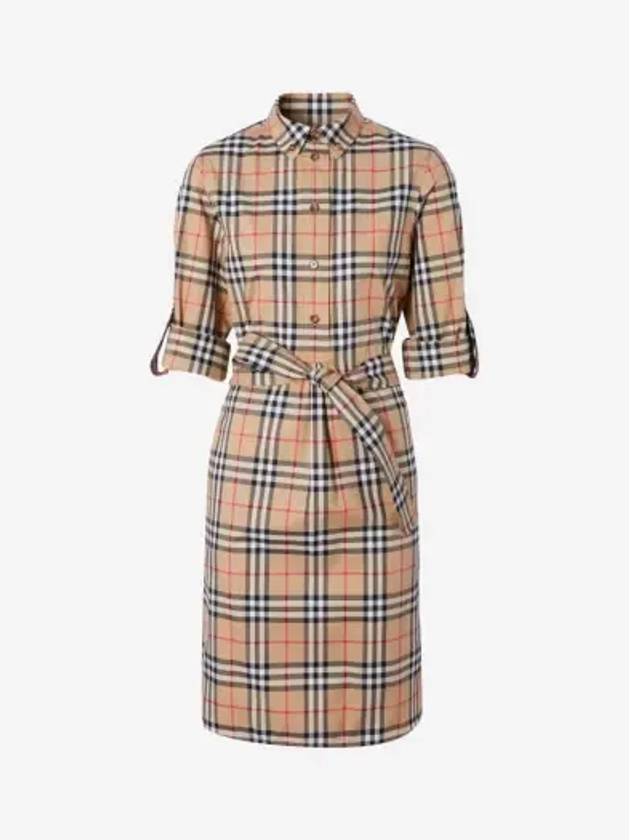 Vintage Check Stretch Cotton Tie-Waist Shirt Dress Beige - BURBERRY - BALAAN 3