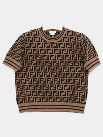 Kids FF All Over Short Sleeve Knit Top Brown - FENDI - BALAAN 2