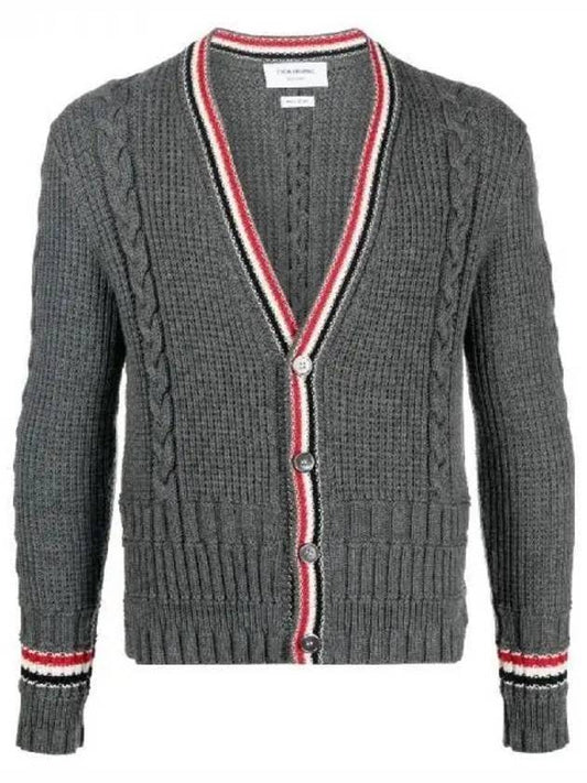 Cable Stripe Classic V-neck Merino Wool Cardigan Grey - THOM BROWNE - BALAAN 1