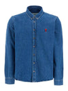 Heart Logo Button Down Denim Long Sleeve Shirt Navy - AMI - BALAAN 1