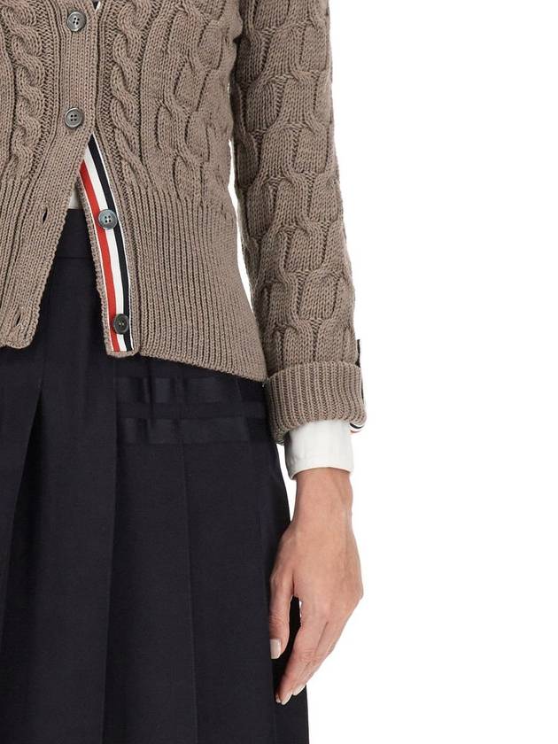 Merino Wool Crisscross Cable Stitch 3/4 Sleeve V-Neck Cardigan Medium Brown - THOM BROWNE - BALAAN 5