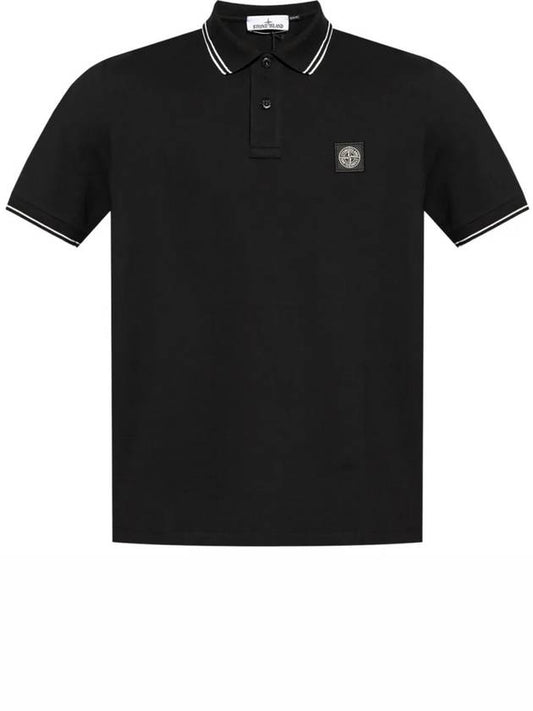 Stretch Cotton Pique Short Sleeve Polo Shirt Black - STONE ISLAND - BALAAN 2