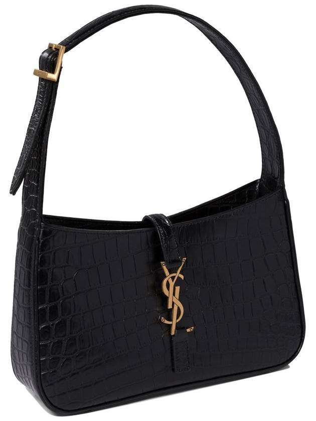 Bronze Monogram Le 5 A 7 Hobo Bag in Crocodile Embossed Shiny Leather Black - SAINT LAURENT - BALAAN 3