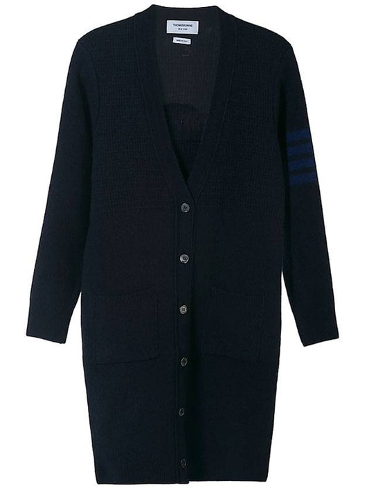 Overwashed Wool Cashmere Long V-neck Cardigan Navy - THOM BROWNE - BALAAN.