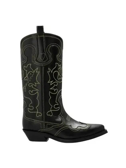 Embroidered Western Leather Middle Boots Black - GANNI - BALAAN 1