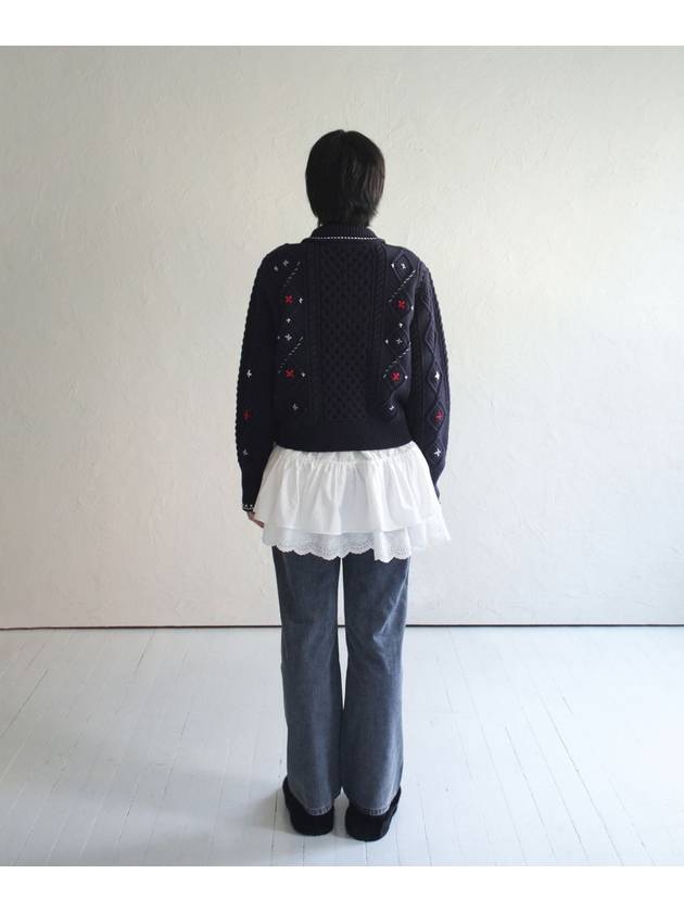 Alps Knit Zip up Cardigan Flower Stitched by Hand NAVY Women s Embroidery - RUBATI - BALAAN 9