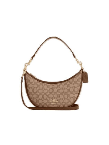 Aria Signature Jacquard Shoulder Bag Khaki Saddle - COACH - BALAAN 1