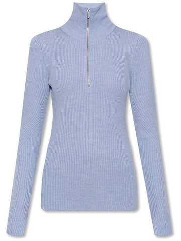 Half Zipper Rib Turtleneck Blue - GANNI - BALAAN 1