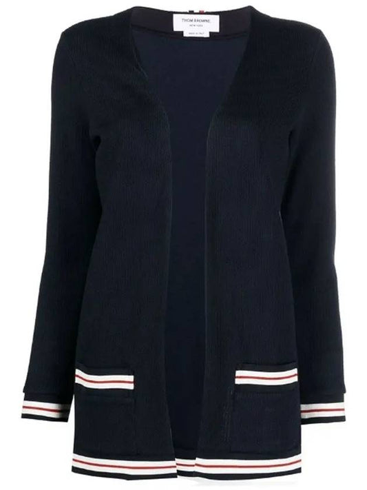 Cricket Stripe Lightweight Textured Cotton V-Neck Cardigan Navy - THOM BROWNE - BALAAN 2