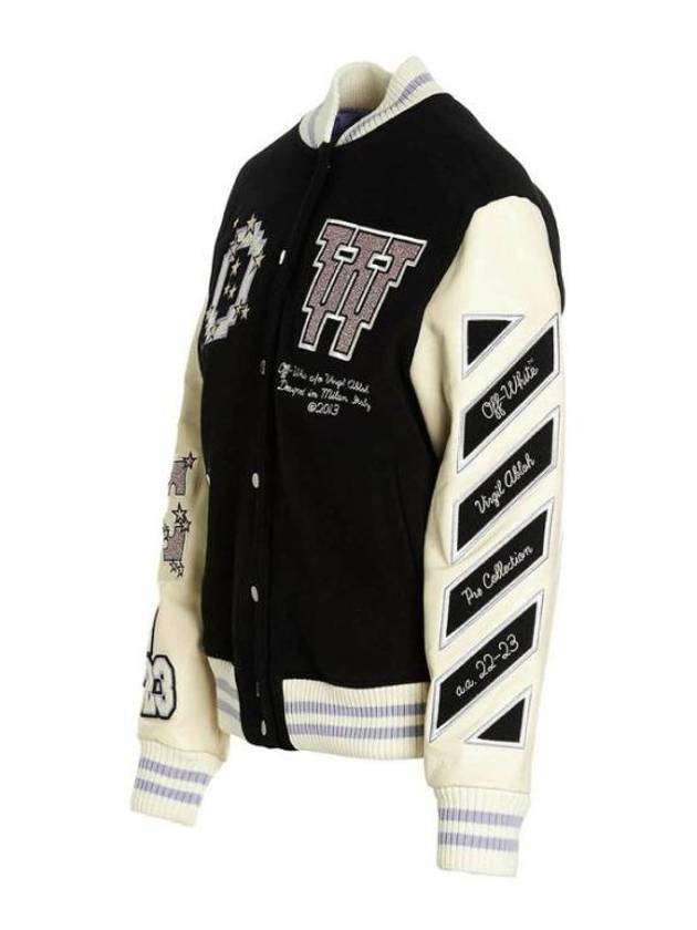 Women's Bling Patches Varsity Bomber Jacket Black - OFF WHITE - BALAAN 4