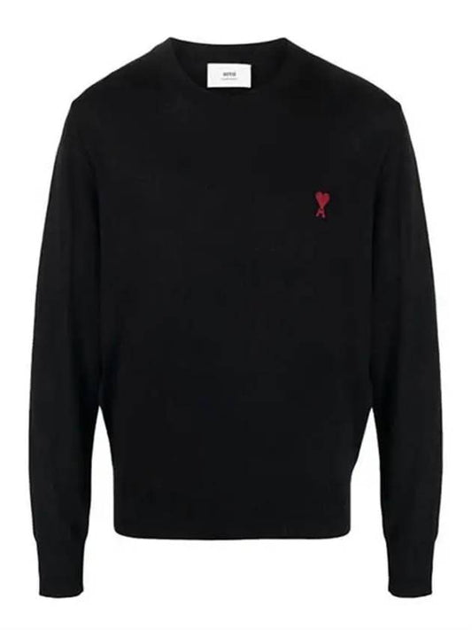 Heart Embroidered Logo Crew Neck Knit Top Black - AMI - BALAAN 2