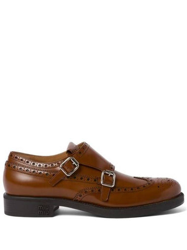 Brogue Leather Monk Strap Brown - MIU MIU - BALAAN 1