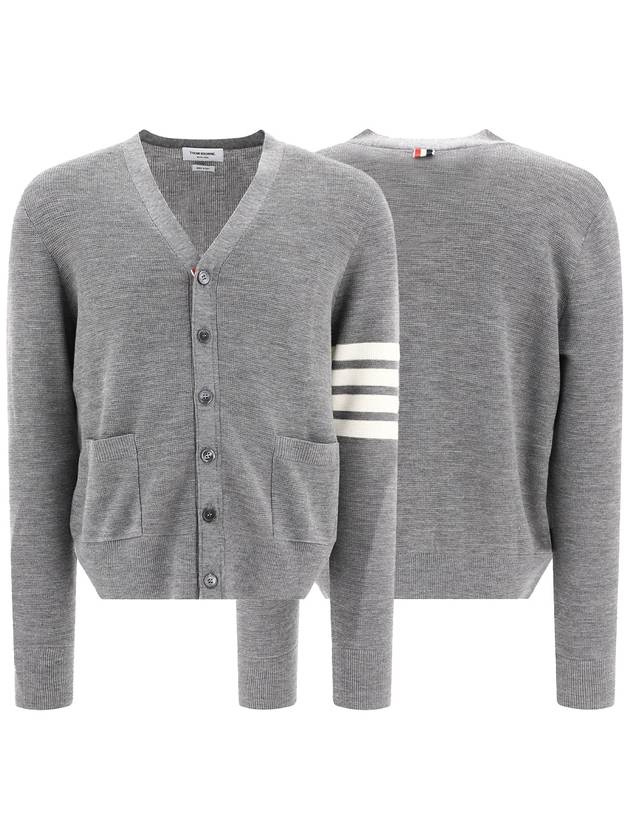 4-Bar Striped Waffle High V-Neck Cardigan Light Grey - THOM BROWNE - BALAAN 2