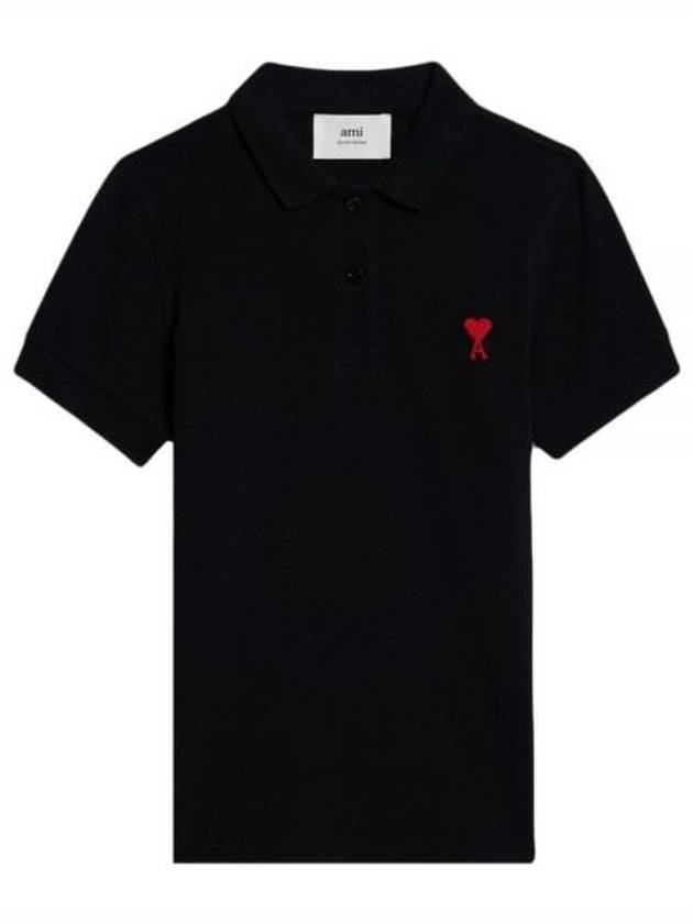 Embroidered Heart Logo Short Sleeve Polo Shirt Black - AMI - BALAAN 2