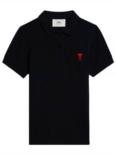 Embroidered Heart Logo Short Sleeve Polo Shirt Black - AMI - BALAAN 2