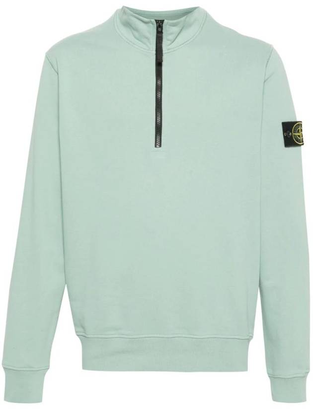 Logo Badge Half Zipper Cotton Fleece Knit Top Light Green - STONE ISLAND - BALAAN 1