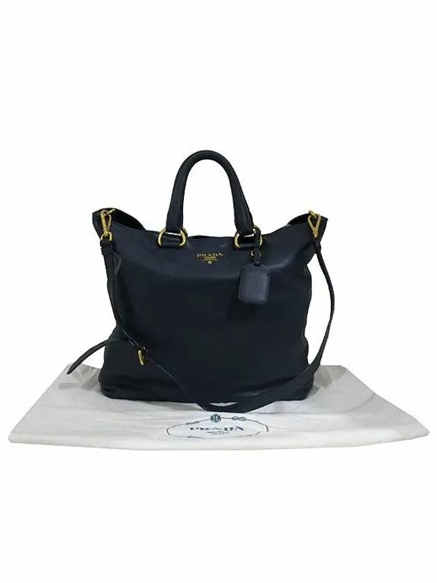 BN1713 Navy color SOFT CALF gold logo tote bag shoulder strap 2WAY - PRADA - BALAAN 1